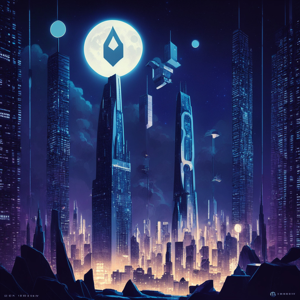 A dramatic cityscape illuminated in cool moonlight, dominated by a towering, futuristic skyscraper shaped like Ethereum logo, teetering on the edge of a monumental $1,800 mark. Below, a buzzing marketplace in the retro-futuristic style laden with transaction data, evoking the liveliness of a cryptocurrency exchange. Foreground decorated with digital meme placards indicative of Wall Street Memes, a clock showing less than an hour to presale ends, evoking anticipation. Elevate the tension with hues of cerulean and silver, showcasing a volatile, high-stakes environment. The overall mood should be one of suspense and high anticipation.