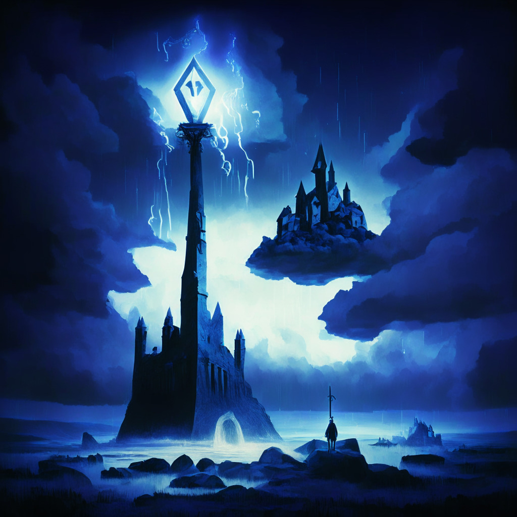 A stormy digital landscape with a towering Ethereum holding a lamp, illuminating a darkened market. The illuminated scene is despondent with a 1% dip in the Ethereum price symbol shadowing behind. The sky, heavy with impending hope akin to Baroque art, lights up a distant Holesky Testnet castle. Elements of shifting change are emphasised through the metamorphosis of blues into warm hues, capturing the mood of hesitant anticipation. A flock of faintly visible meme tokens are in flight towards newer horizons.