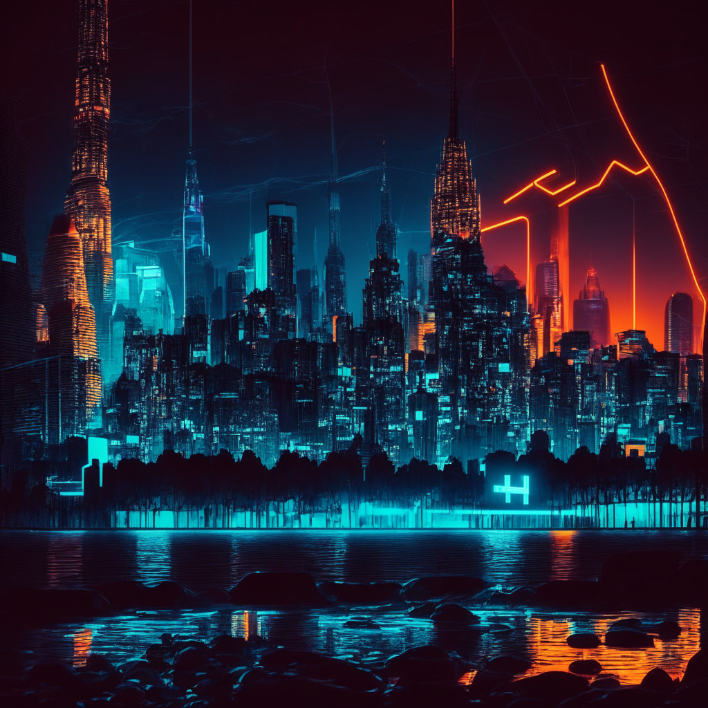 A dark neo-noir cityscape illuminated by the contrasting warm and cool neon lights of, Ethereum coins, Bitcoin, and the silhouette of South American and Russian landmarks signifying the surge in crypto interest in Argentina and pilot digital ruble in Russia. The mood is electric, wary yet progressive. Throughout the cityscape are floating indicators of blockchain security, and subtle hints of CBDCs, NFTs, lending an air of mystery and innovation to the enigmatic city.