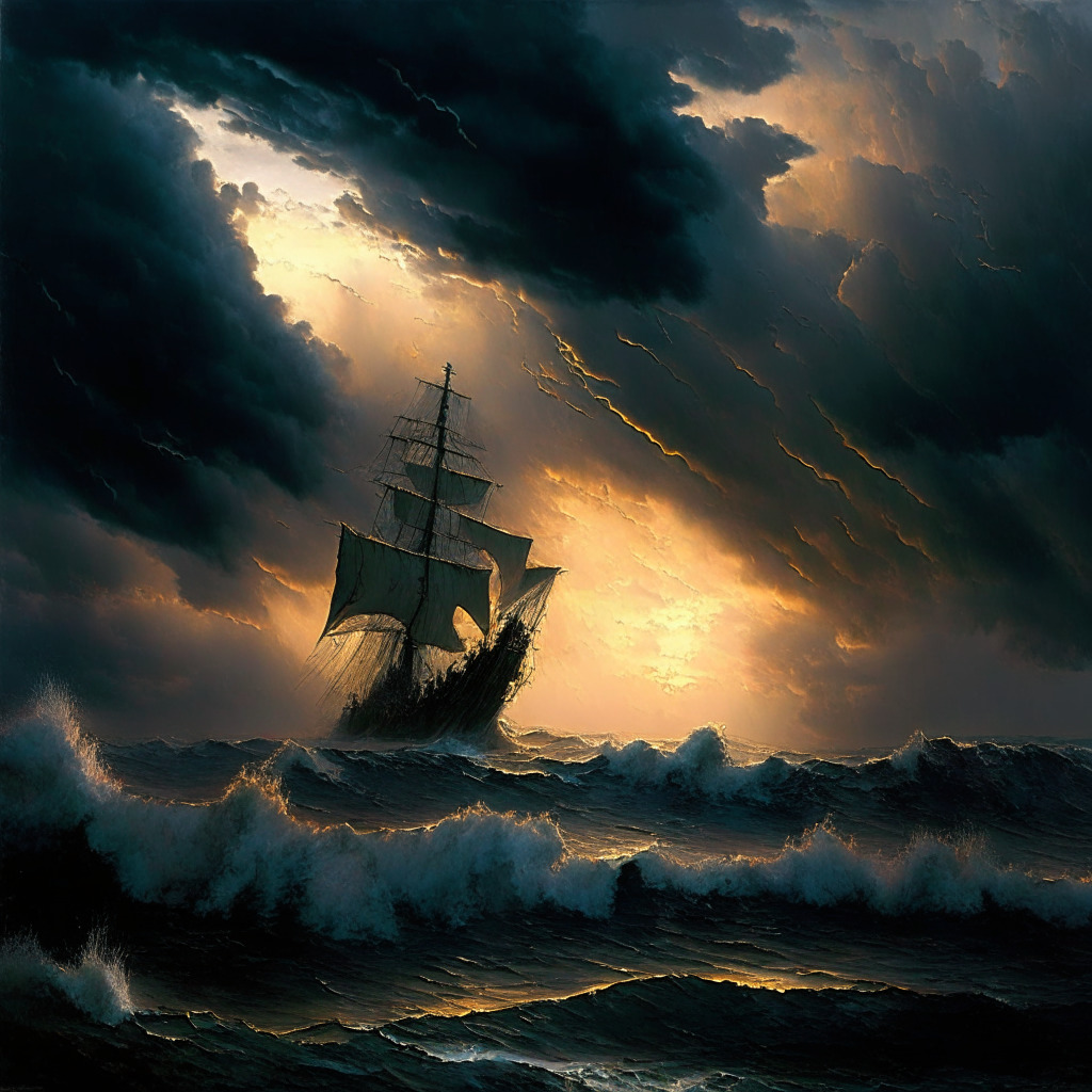 A storm-tossed seascape at sunset, expressing unease and financial turmoil. Large waves, symbolic of shaky ethereum prices, threaten a solitary, fragile ship, representative of investor interest. In the midst of the storm, a dark, bearish sky looms ominously, hinting at the risk of price drop. Faint, fading beams of sunshine break through the clouds subtly embodying a hope for resurgence. Artistic style is reminiscent of Turner's storm series.