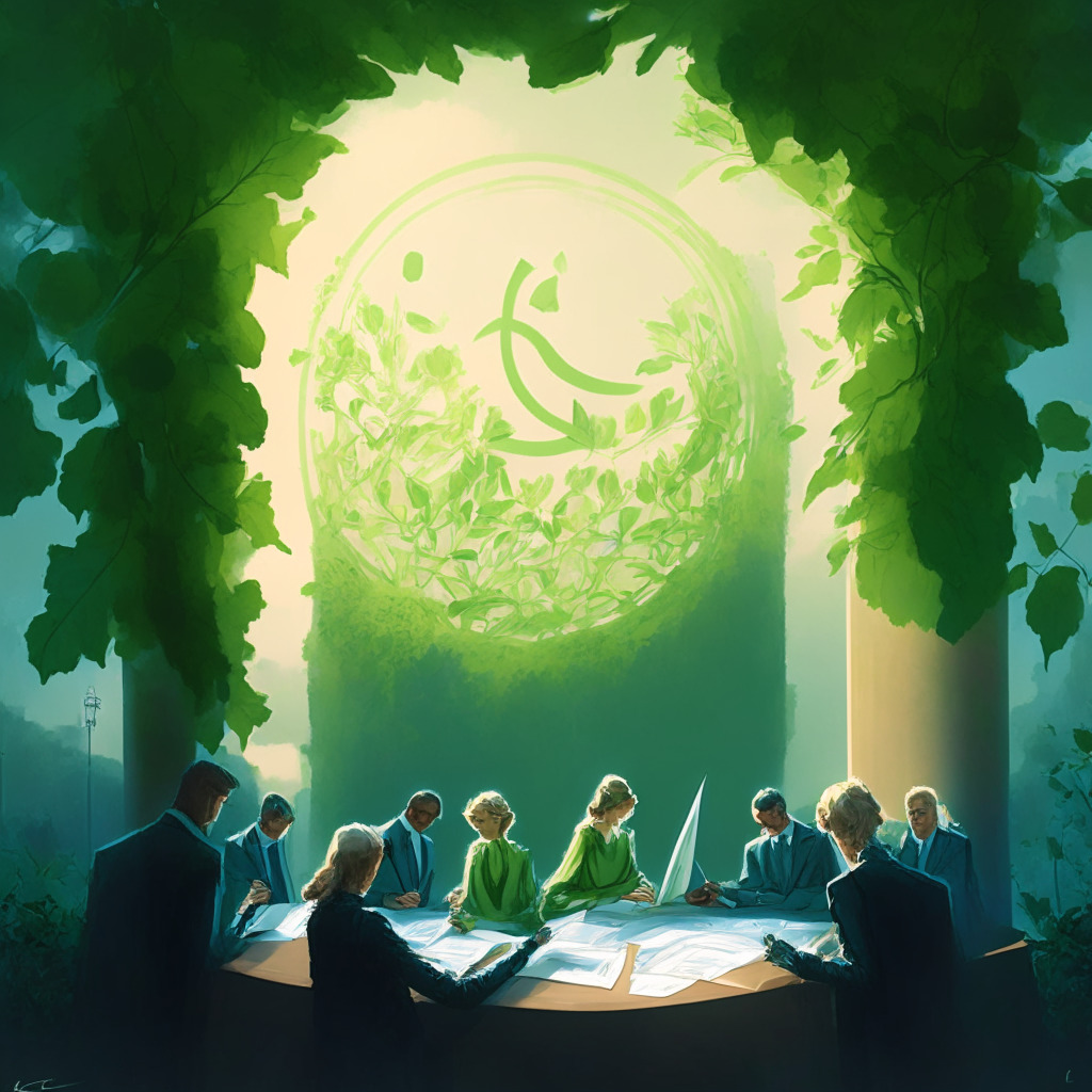 A Renaissance-style painting of the European Commission signing a green contract, draped with ivy, symbolizing their commitment to environmental sustainability. The image bathed in soft, early morning light indicating new beginnings. Atmosphere of hope, seriousness, and determination fill the scene. A prominent futuristic blockchain hovering above under a sustainable energy symbol, hinting at it being the focus of the agreement.