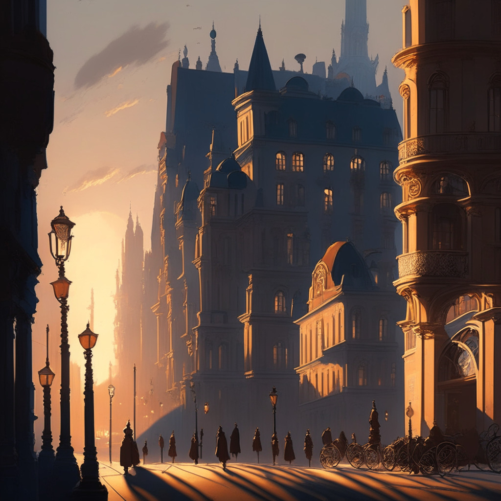 An opulent European cityscape at twilight, dotted with traditional architecture and modern skyscrapers, overhead digitized euro symbols subtly float in the sky. Streets buzz with people using mobiles and cards, flashing evanescent euro signs. Art Nouveau style, soft telluric light casting long shadows, evoking a feeling of anticipation, the precipice of change.