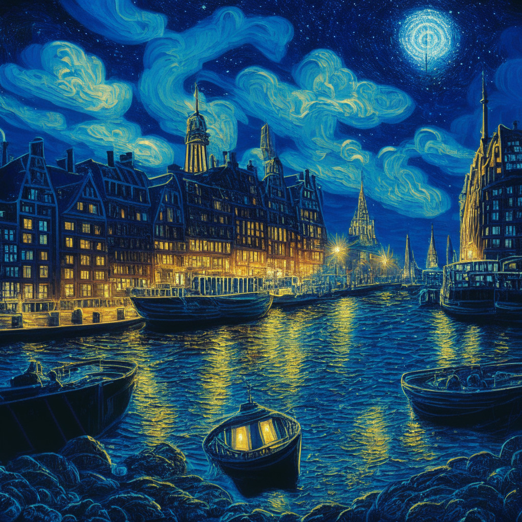 Nighttime scene of the modern city of Amsterdam, showing the vibrant Blockchain Expo, embellished in the surrealistic style of Van Gogh's 'Starry Night'. The atmosphere is filled with optimism, symbolized by glowing cryptocurrencies circulating in the sky. Portray the European Union as a shining beacon illuminating a clear path, contrasting with a stormy American skyline.