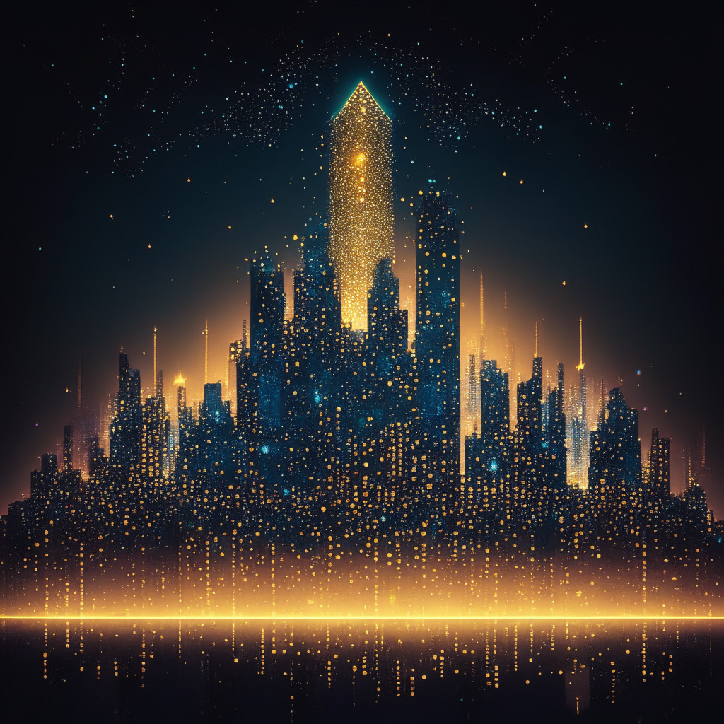 Imaginary futuristic cityscape bathed in twilight hues, representing an expansive blockchain. An array of glowing 700,000 multifaceted gems symbolizing different NFTs distributed around the city. A central tower radiating golden light signifying the recent influx of assets, with dark patches symbolizing network outages and scams. The skyline punctuated with abstract figure clad in diplomatic attire, representing Philip Jefferson, casting alternating shadows and lights hinting at the uncertain nature of regulatory influence. Artistic style should convey a sense of anticipation interspersed with risks.