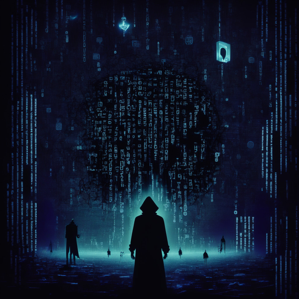 Neo-noir style visualization of a symbolic crypto realm under the veil of twilight, dominated by shadowy figures illustrating hacktivist group SiegedSec. A cluster of cryptic Ethereum addresses in phosphorescent cyphers unwarily interrupted by a phantom hacker, brandishing a digital key that fades into a cloud of hexadecimal code vapor. Mood: ominous and suspenseful.