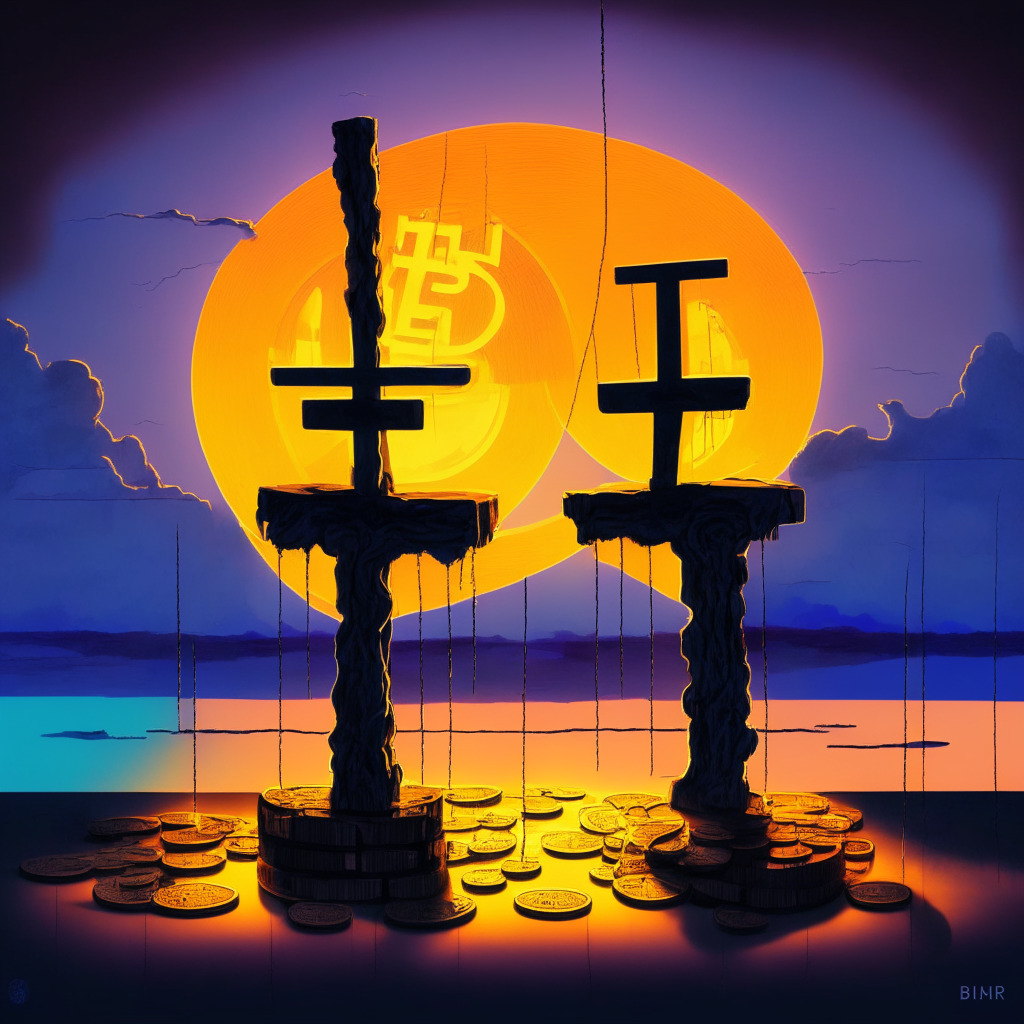 A vibrant, modernist portrayal of cryptocurrency market dynamics, bathed in contrasting hues symbolic of cautious optimism and risk assessment. In the foreground, a physical representation of Bitcoin and Ethereum coins, teetering on a seesaw symbolizing their prospective rise and fall. Dimly lit, sunset ambience casts a sober backdrop, highlighting the uncertainty of the crypto realm. The image is wrapped in an atmosphere of contemplative silence,representing cautious tread in the volatile cryptocurrency world.