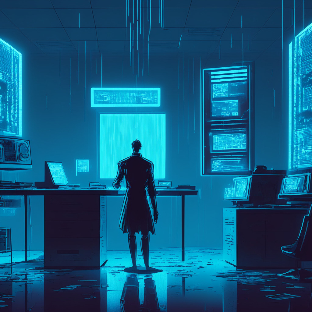 A scene inside a bleak, futuristic office, a dismayed figure in front of a holographic screen displaying a towering Bitcoin symbol and animated calculations running amuck, embodying an alarming transaction error. Mood is tense and ominous, illuminated by neon blue lights, style is cyberpunk, emphasizing an imminent, techno-thriller crisis.