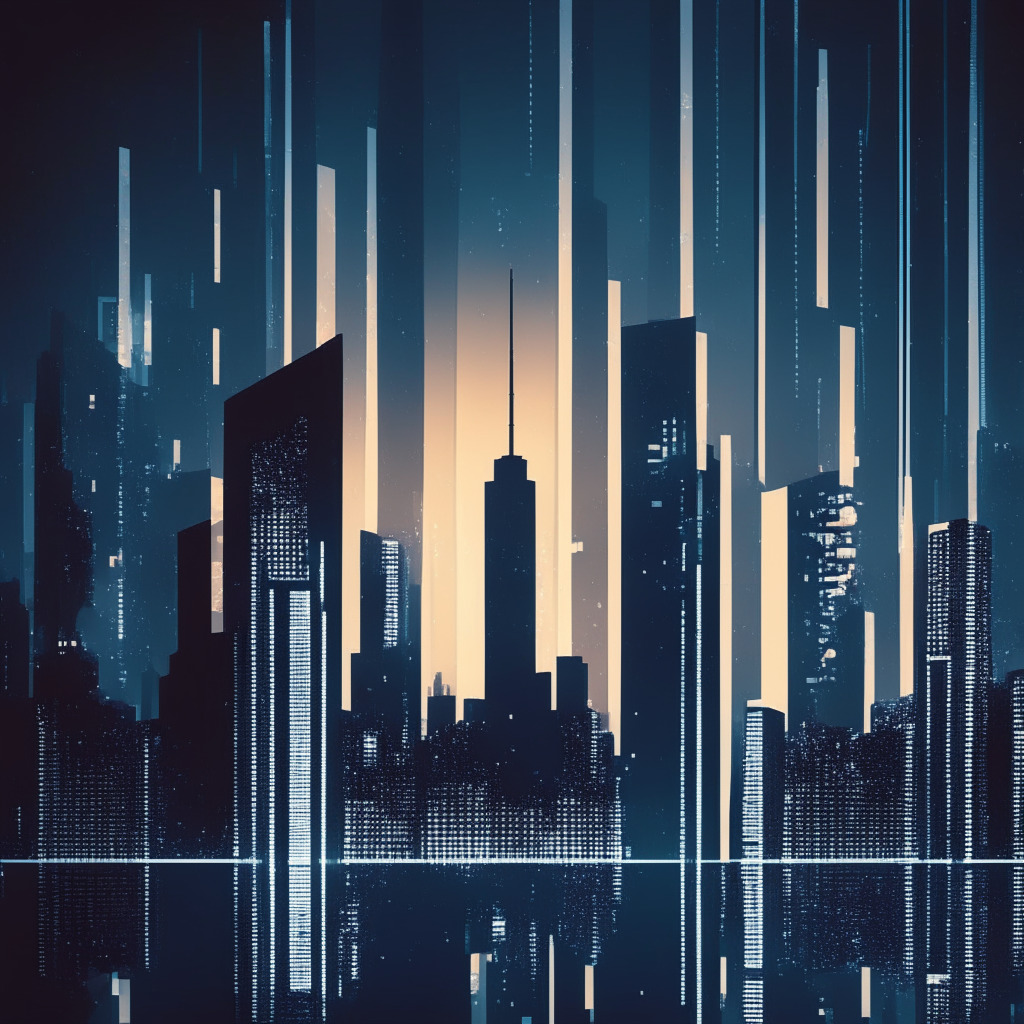 An abstract, futuristic financial cityscape at twilight, dominated by sleek skyscrapers symbolizing Ethereum and Bitcoin, a secondary structure representing 'stablecoin'. Illumination from inside the buildings suggests active trade, innovation. In the forefront, a roundtable suggestive of policy discussions, showing several crypto-inspired minimalist silhouettes engaged in talks, cast under a harsh spotlight to signify the intense regulatory debates. The city is ring-fenced, signifying the safety mechanism in crypto transactions. The mood of the composition is cautiously optimistic, with a blend of deep blue hues in the monochromatic palette to denote the uncertainties and challenges within the crypto landscape while twinkling stars and city lights indicate hope.