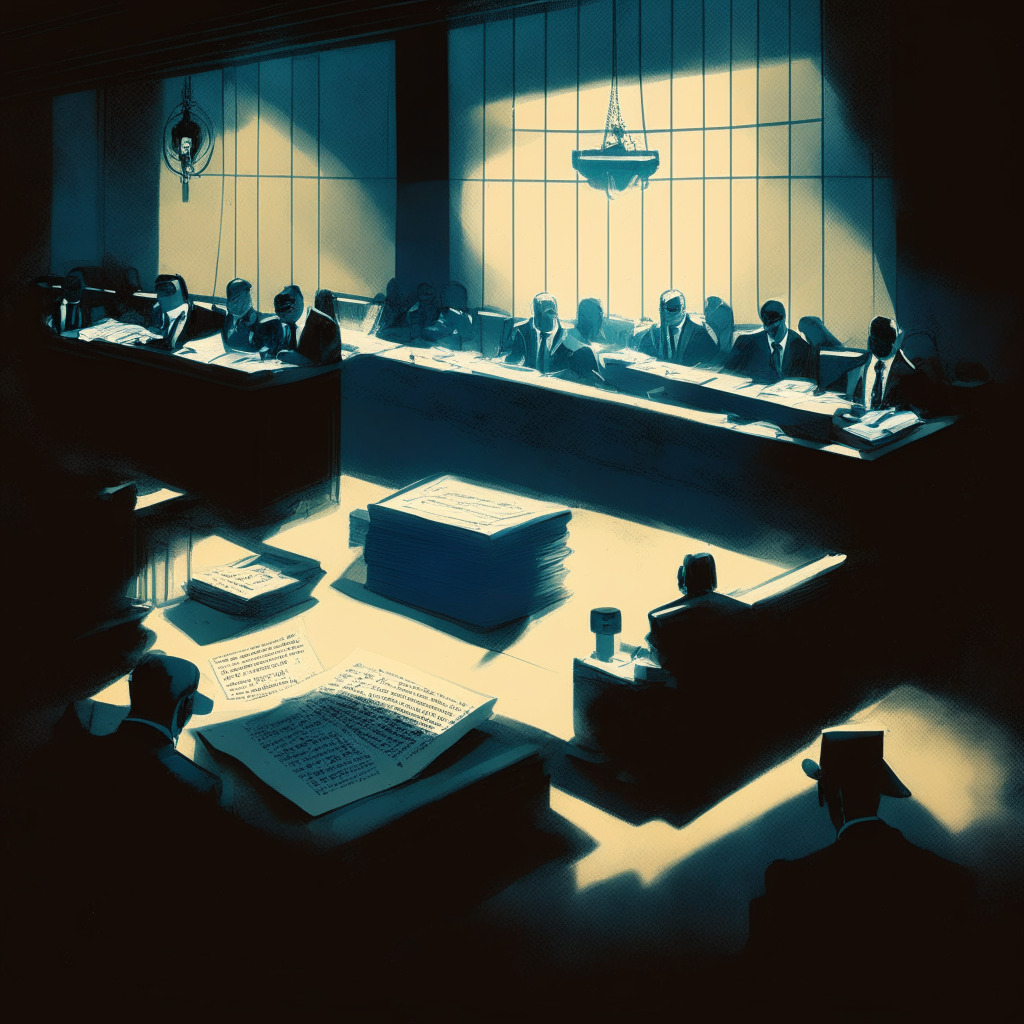 Courtroom setting under a harsh spotlight, contrasting shadows emphasizing tension. DOJ representatives and defense team, gathered around a hefty legal tome, symbolizing the FTX founder's case. Data points, like ghostly trails, intertwining with cryptocurrency symbols hinting at the regulatory battle. Mood: Spectrum of confusion, fear, anticipation.