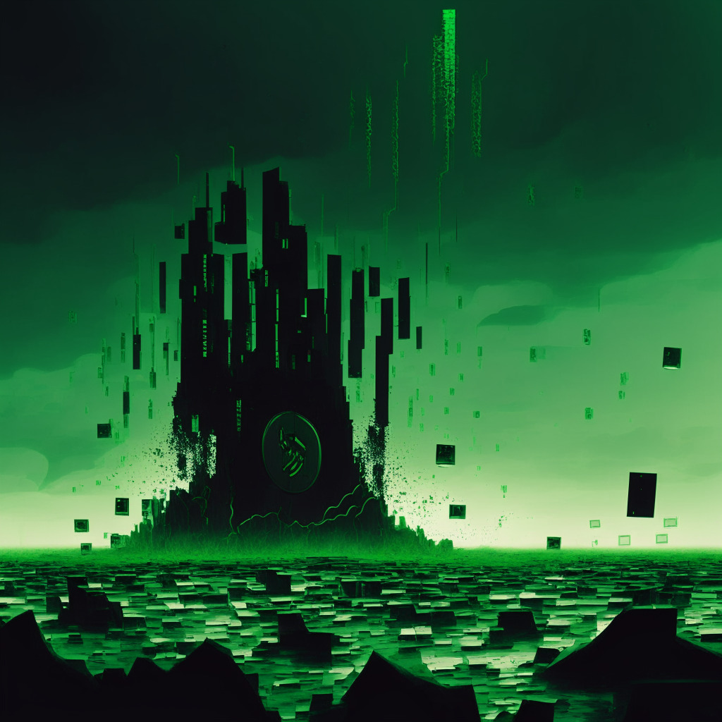An abstract digital landscape at dusk, reflecting chaos and turbulence in the world of crypto. An algorithmic bot releasing green digital coins in mid-air, signifying the exploit. In the distance, a fortress-like structure symbolizing the decentralized finance platform, Curve, is faintly visible, slightly battered, but still standing strong. Severe shadows cast by ethereal light convey the tension and the mood of uncertainty.