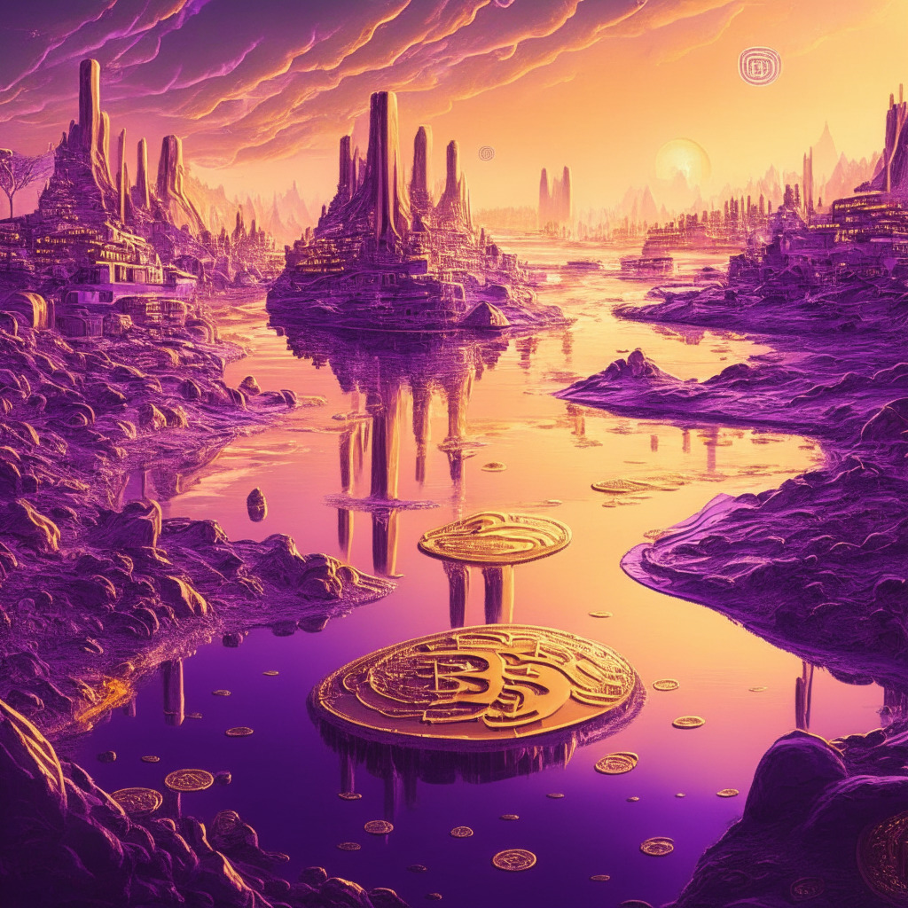 Surrealistic landscape representing cryptocurrency evolution, a futuristic city bathed in gold and violet light, symbolizing the dawn of a new Bitcoin alternative. A river of digital coins flowing, evoking the steady stream of staking yield. Mood is hopeful, yet edged with uncertainty.