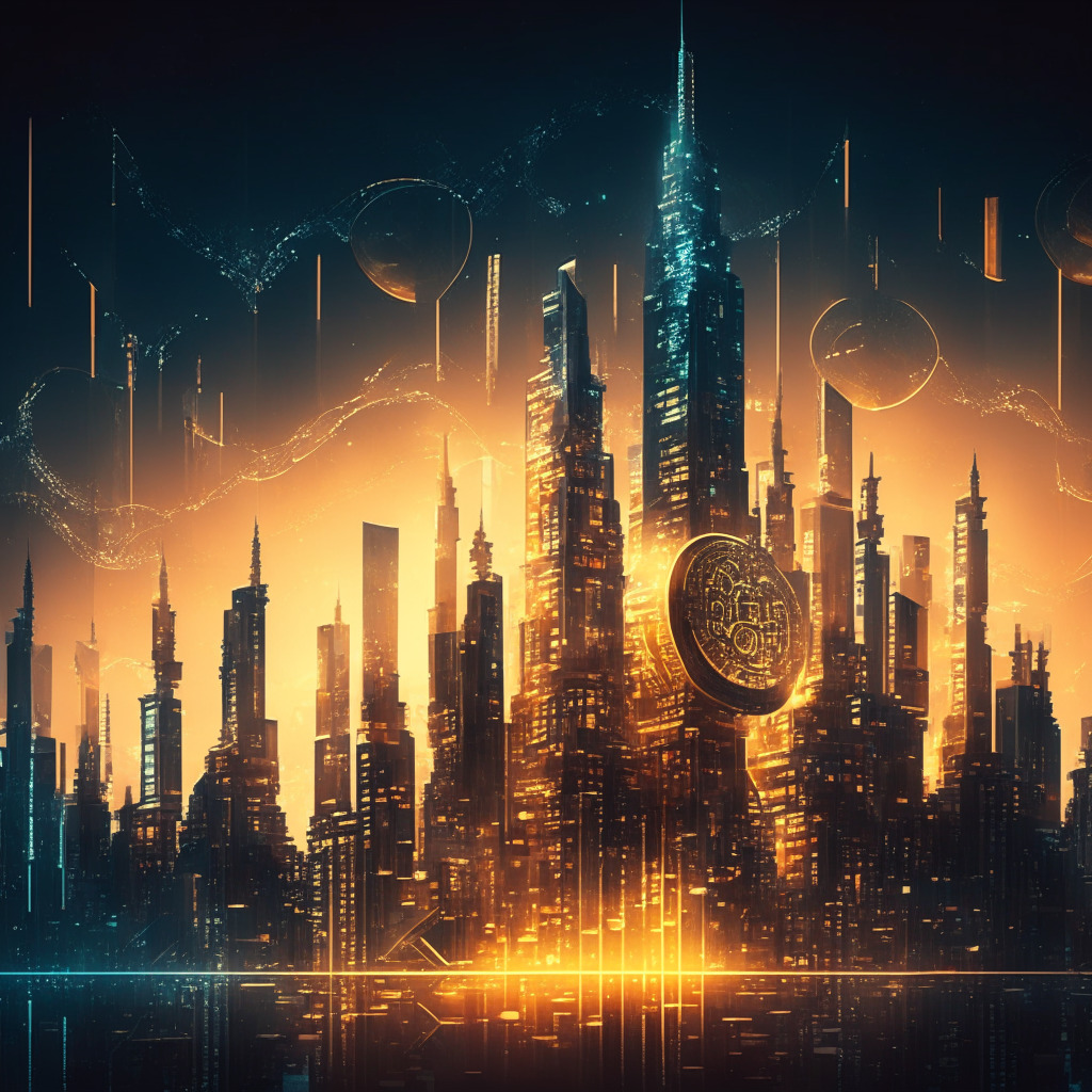 Dramatic, evening-lit digital cityscape, structures representing abstract Bitcoin and altcoins floating over a glowing market chart, detailed, steampunk style. Grandeur skyscraper subtly depicts the descent trend, while smaller structures rise, lending an optimistic mood.