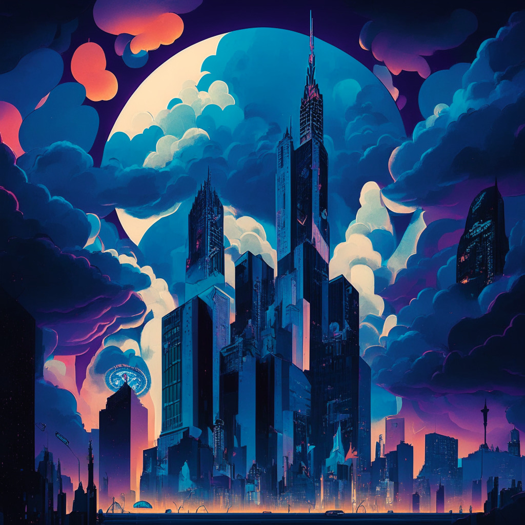 A twilight-lit scene of juxtaposed worlds. On one side, towering skyscrapers, symbolizing blue-chip cryptos under a cloudy, cautious sky. On the other, a vibrant, chaotic carnival, representing the volatile meme-coin market. A looming federal building casting a strong shadow, a nod to the Federal Reserve's influence. Artistic style: surrealism. Mood: cautious optimism.