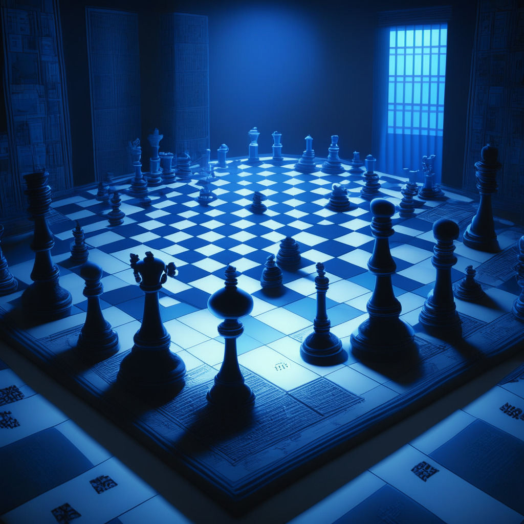 A slightly dimly-lit scene of a 3D chess board with cryptic pieces, visualizing the cryptocurrency market. Exuding a subtle shade of blue to set a mood of hope, the gameboard fills a room symbolizing the Financial Conduct Authority. The room opens into a digital landscape portraying a revived crypto-derivative market full of diverse details. A setting sun in the background casting long shadows, hinting at time passing, representing the upcoming timeline.