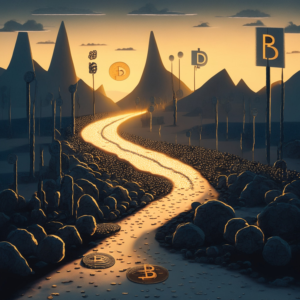 A surrealist representation of a crypto landscape at twilight, towering Bitcoin and Rollbit coins that project shadows of promise and uncertainty, a horde of tiny digital figures venturing forward, road bifurcating signifying different investment paths. A low sunset lits the scene, creating a sense of mystery and speculation. Balancing elements of brightness and darkness to convey both optimism and inherent risks. The vibe is one of curious anticipation tinged with cautious uncertainty.