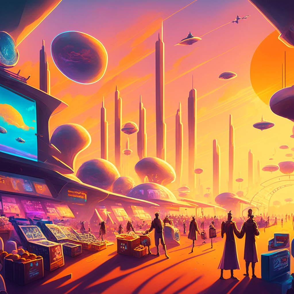 An illustrative scene showing a bustling marketplace brimming with unique digital tokens, rendered in a surreal, futuristic style. The overwhelming aura of innovation and progressive interaction glows brightly, a hopeful sunrise over a digital landscape. The overall mood should balance excitement and contemplation, reflecting the transformative potential of NFTs and the accompanying hurdles of a decentralized platform.