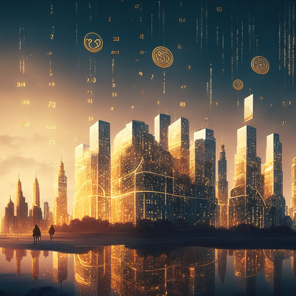 A futuristic illustration of Russia's financial district under a ethereal twilight sky, Central Bank in the foreground and digital numbers resembling Crypto assets hovering above. Subtle tones of gold and silver, using Surrealism style denote a sense of transition and innovation. The mood is anticipatory and challenging, denoting potential change and complexity.