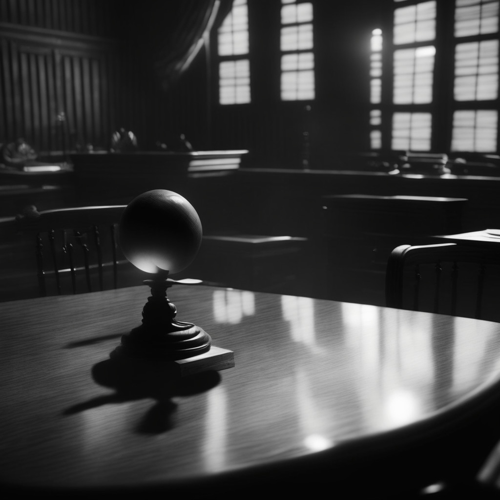 A refined yet poignant courtroom scene, dim lighting falling on a monochrome glass sphere (representing Tether) placed on a wooden desk, conveying uncertainty. A soft, sepia-toned bureaucratic ambiance, mixed with a hint of film noir aesthetic, to evoke the unexpectedness and layered implications of recent Tether's ToS shift.