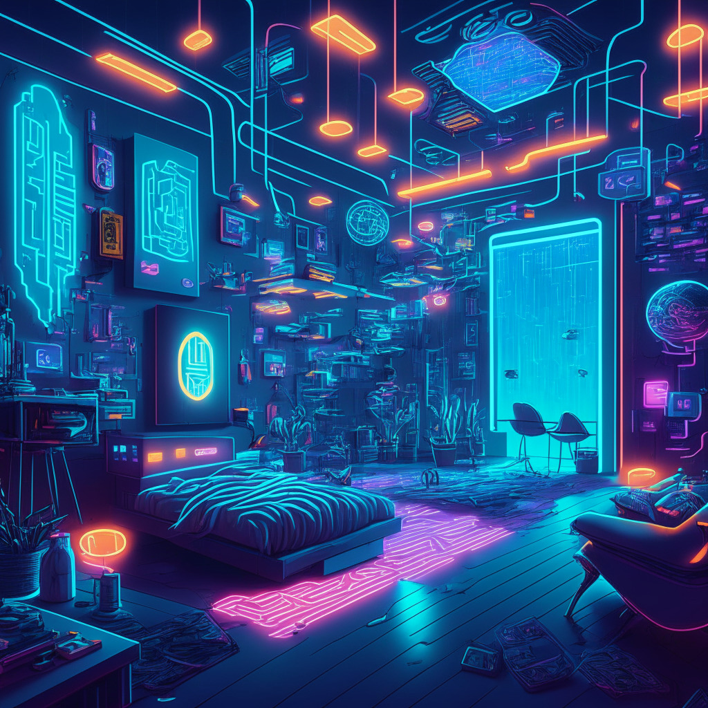 A digital landscape illustrating Bitcoin's metaverse ecosystem, game tokens, and NFT assets, the glow of neon blockchain links, clarity denotes a smart contract. Rooms filled with futuristic gaming elements in a semi-realistic style, the composition reflects an immersive world, mood of tech-driven anticipation, echo potential challenges, successes.