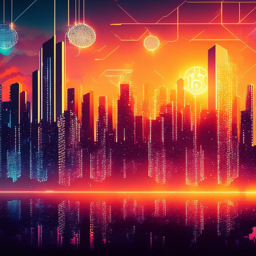 A digital landscape bearing a futuristic city skyline at sunset, luminous blockchain nodes, glowing to represent digital transactions. Indicate ether, litecoin, bitcoin representations within the city. Foreground portrays a high-tech digital wallet, a symbol for Venmo's integration of crypto services. Use warm hues for optimism, but add shadowy elements hinting caution, symbolizing potential risks.