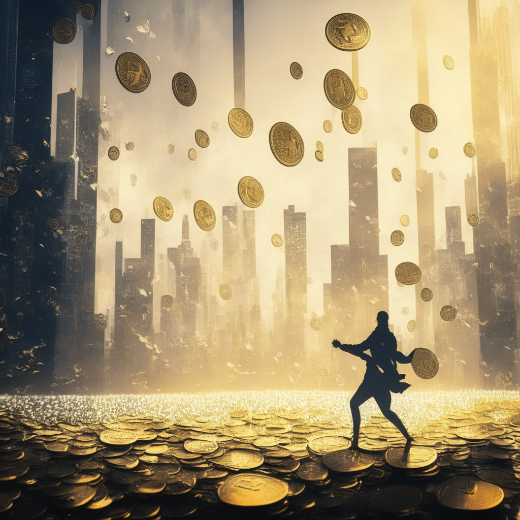 A digital canvas bursting with dynamic activity, a 3D matrix-style network of vibrant 'meme coins' in various shades of gold and silver, mid-air within a futuristic financial landscape. Vague silhouettes of traders in the misty background, an insinuation of the booming community of the Wall Street Memes token. Imbue the scene with an early morning light, highlighting a sense of anticipation, a dramatic contrast to the eerie blue undertones that hint at the risk and rewards of the cryptoverse. Curate a visual marriage of palpable tension and exuberant anticipation to portray the exciting but unpredictable world of crypto investment. Artistic style: hyperrealistic painting.