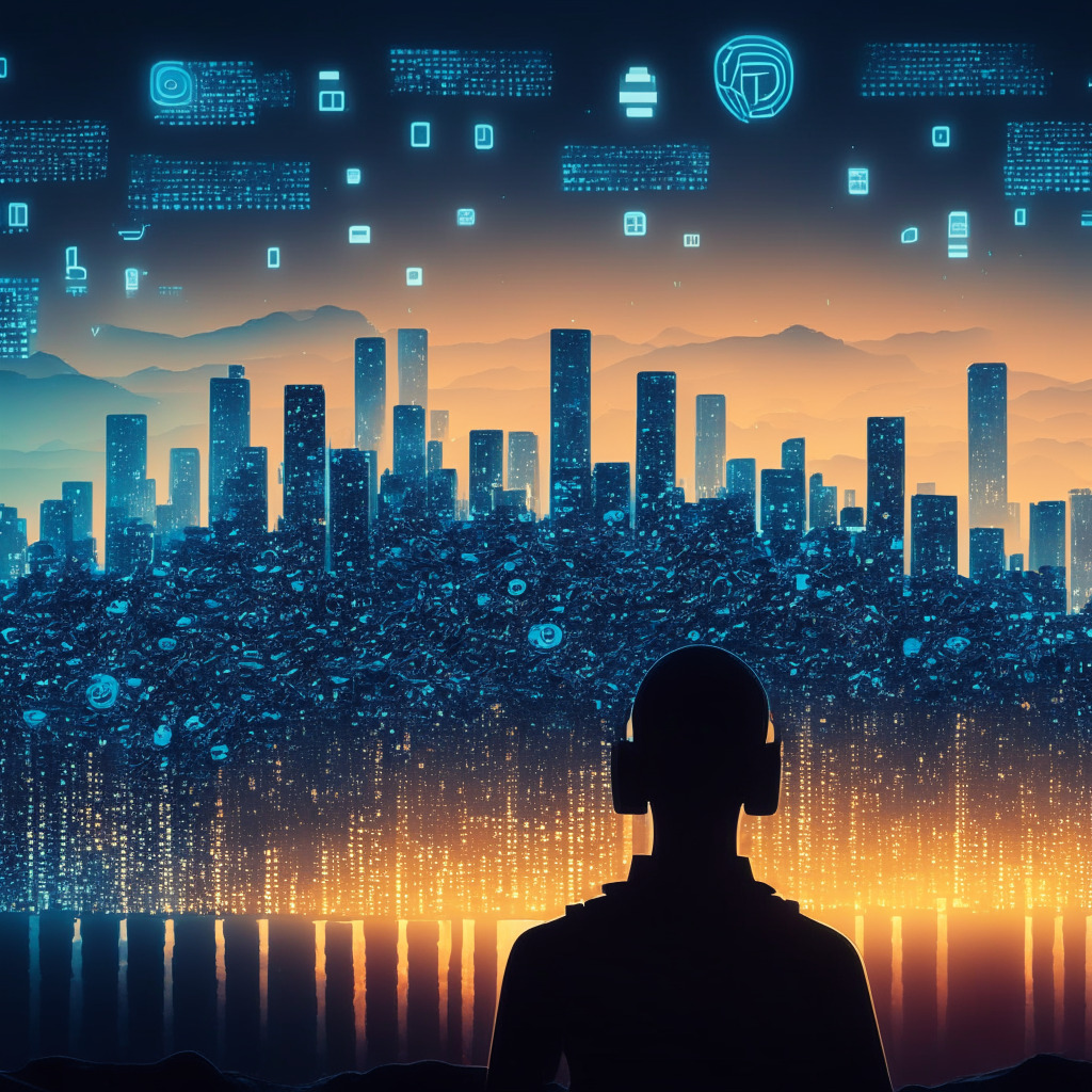 Digital landscape at dusk with a prominent chat bot towering over a sea of tokens, illustrating a surge in Telegram Bot tokens. Hints of uncertainty pervade the image to signify the potential risks. In the background, a self-custodial wallet, symbolizing TON Space, emerges above a silhouetted city landscape, spotlighting telegram's innovation against a backdrop of complex regulatory hoops, The artistic style leans towards minimalistic cyberpunk, with somber undertones.