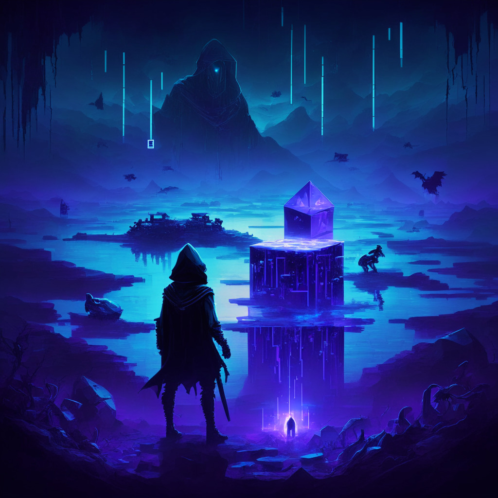 A dimly lit, brooding landscape depicting the cyber realm and cryptoworld battlefield. In the foreground, a hooded figure with malicious intent phishing, symbolizing the hacking of Ethereum founder's account. In the ether, floating cubes representing NFTs being stolen. Dominant hues of blues and purples to set a gloomy, suspenseful mood, while foreground uses glimmers of gold for stark contrast.