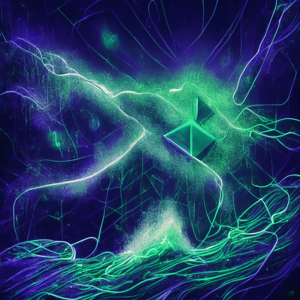 An abstract representation of the Ethereum network in brilliant, flowing viridian hues showing grouped transactions moving off-chain as bright pulses of light. Gloomy storms surround it to depict the high cost of call data. A streak of illuminated, winding data blocks, labeled EIP-4844, attached to the Ethereum network, cutting through the storm, portraying potential. The light sources, though luminous and warm, flicker erratically to signal uncertainty and yet, a promise of progress.