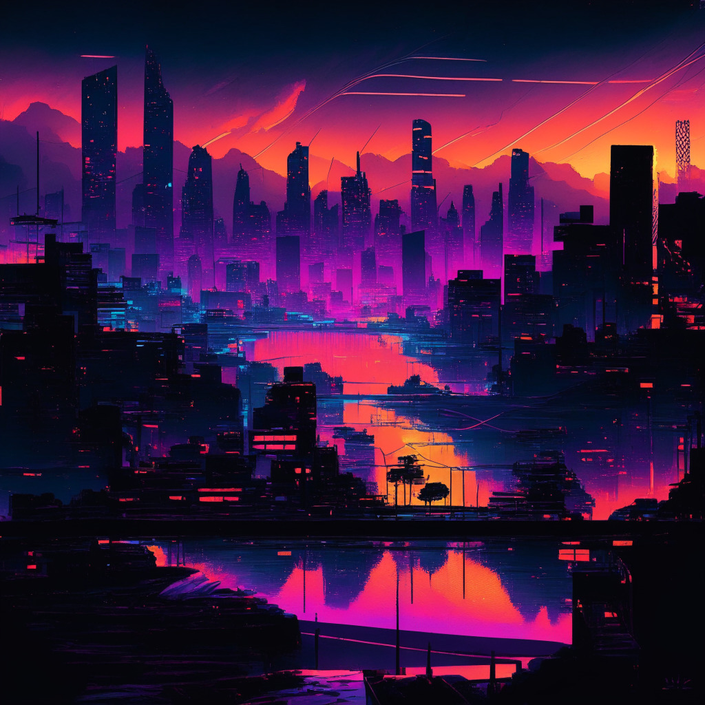 Dusk settling over a virtual cityscape divide, the East vibrant with glow of neon hues, manifesting flourishing metaverse activities from Hong Kong, Korea, and Japan, the West in twilight shadow, showing hints of dwindling enthusiasm. The scene laced with a stream of dynamic NFTs, symbolizing new sparks of hope emerging from the West, painted in a surrealistic style, creating a sense of intrigue, anticipation.