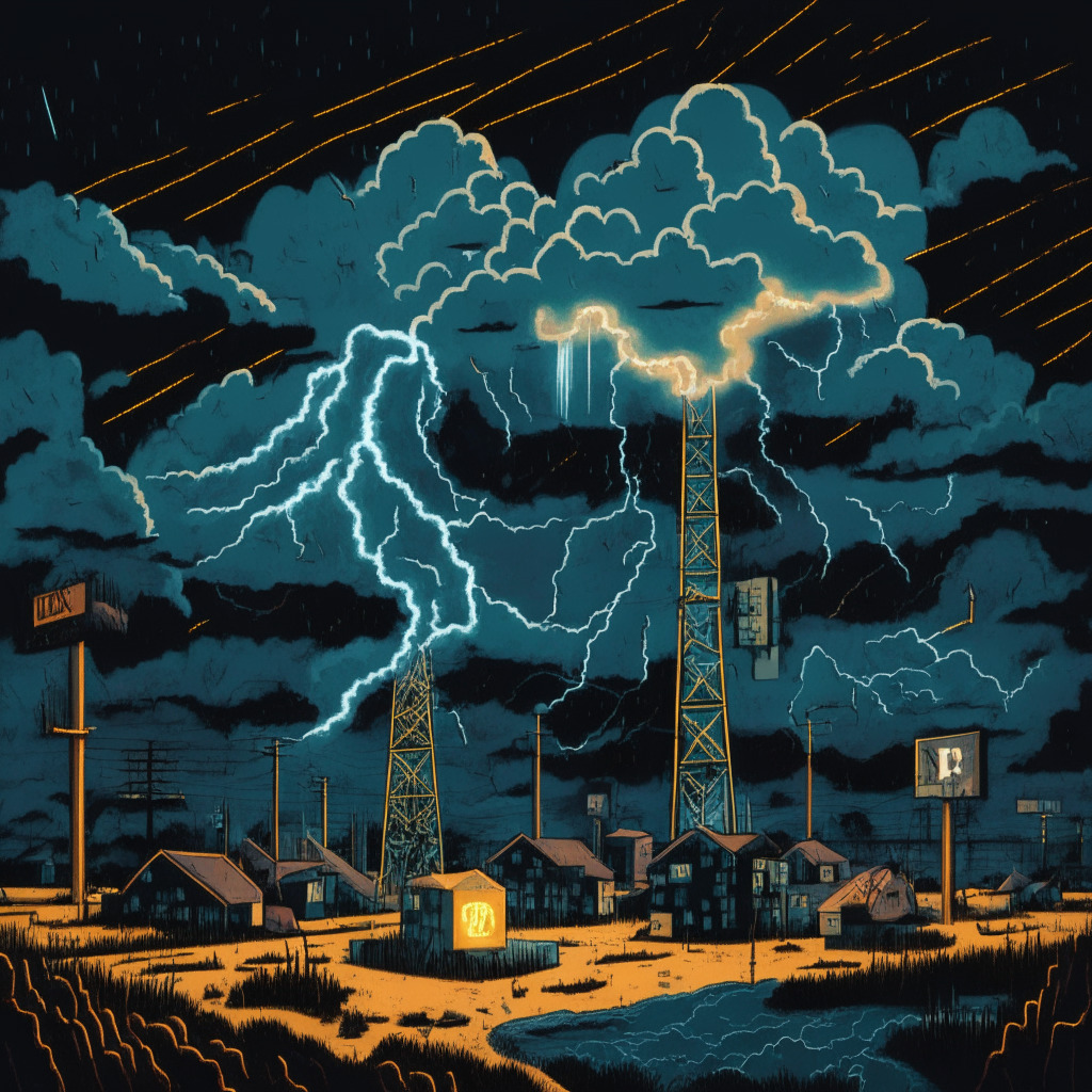 A stormy night scene in Texas, rendered in a bold political cartoon style. Bitcoin mining structures dot the landscape, glowing with resilience against harsh weather. Dark storm clouds above hint at the electricity crisis while symbols of various US political party affiliations subtly appear in the foreboding sky, reflecting the crypto debate. Mood is tension and anticipation.