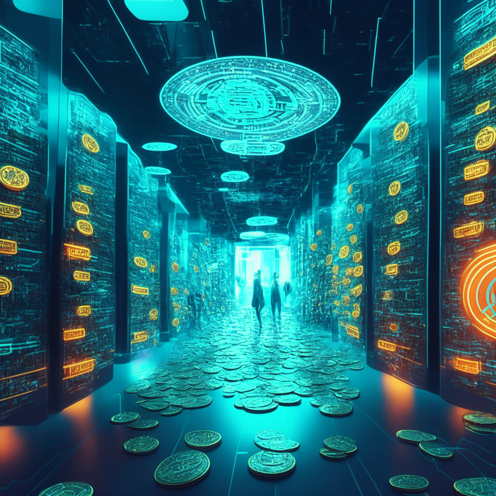 A futuristic scene of digital coins changing colors with every transaction, inside a large, transparent, cybernetic Russian Bank. The coins, each carrying tokens of the Russian Ruble, travel through a sprawling network of vivid, fiber-optic pathways. The image should exude an atmosphere of caution and intrigue, displaying a blend of digital and physical world elements. Dramatically lit with hues matching the state of the coin to illustrate its journey through the financial network.