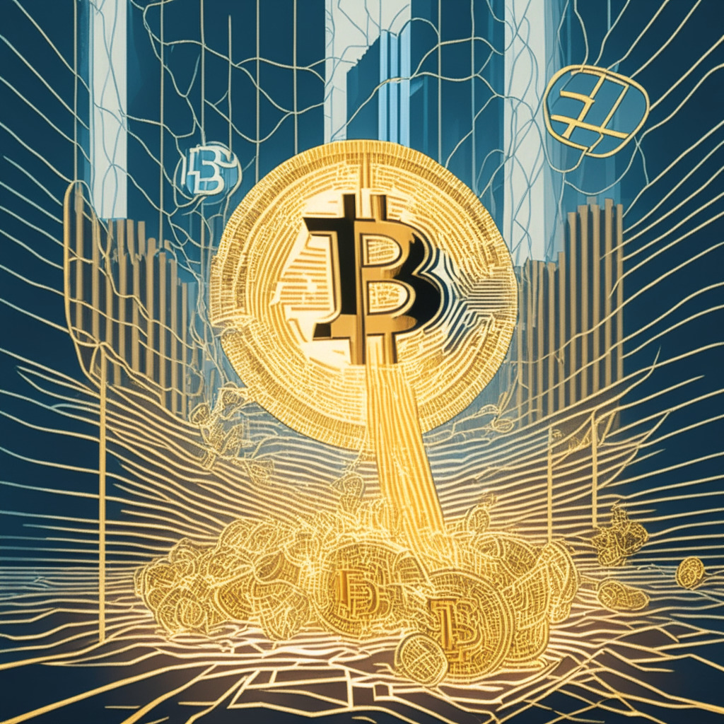 A metaphorical representation of Bitcoin amidst financial market fluctuations, with the Federal Reserve in the background. Use cubist style, indicative of the unpredictable cryptocurrency movements. Illustrate Bitcoin as a strongly glowing gold coin, signifying hope amongst long term holders. Depict an inverse relationship using thin transparent threads linking Bitcoin and a semi-abstract representation of the US dollar. Show other smaller coins receding into the background, indicating Bitcoin's dominance, but with growing shadows, suggesting incoming competition. Include storm clouds gathering in the scene, suggesting a bearish market trend, but with some sunlight piercing through, symbolising the projected bullish run. The overall mood should be tense, yet cautiously hopeful.
