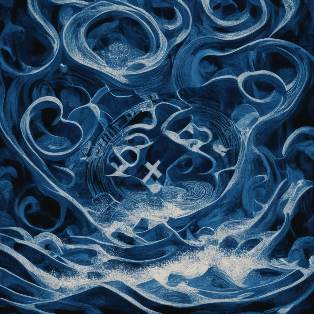 An abstract representation of the SEC vs Ripple conflict, a tide of digital currency swirling against a fortress-like figure of regulation, palette of blue and grey communicating the complexity, tension, and uncertainty of the situation. The image illuminated in a swirling chiaroscuro effect reminiscent of Baroque era, setting a dramatic, contentious mood.