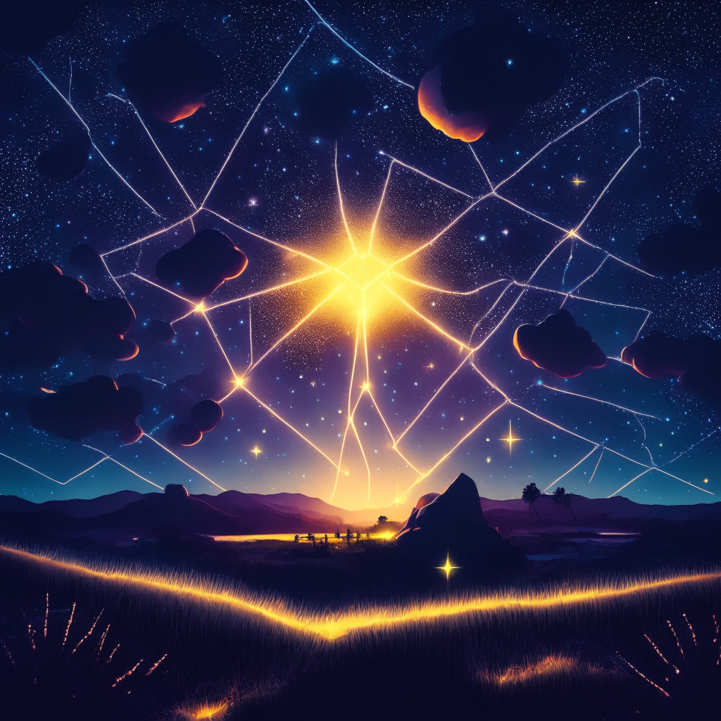Surreal, twilight landscape illustrating the rise of Chainlink and Launchpad.xyz in the crypto universe. Show luminous Chainlink as a pulsating star ascending in the metaphoric night sky, contrasting with other dim, downtrend stars. Showcase Launchpad.xyz as a vivid, radiant rocket ready to launch. Highlight an atmosphere of hopeful anticipation, but imbue a sense of risk with shadowy edges.