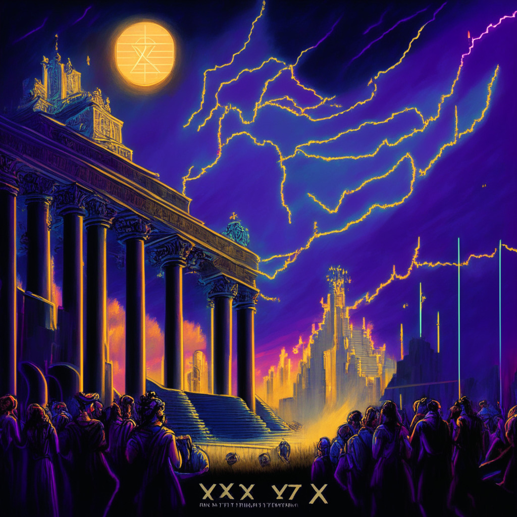 A surreal Renaissance-style painting showing an upsurge in the trading of VET tokens in an enthusiastic cryptocurrency market. A bullish divergence is illustrated by bright ascending lines in a trading graph under twilight. In the distance, a majestic gateway symbolizes the potential of LPX tokens on the Launchpad XYZ platform. The mood is cautiously optimistic, illuminated by hues of growing dawn, capturing volatility and potential profit.