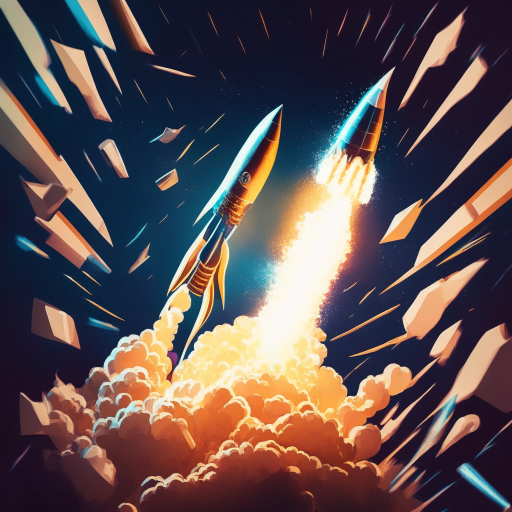 Surreal depiction of a rocket blasting off, a nod to Wall Street Memes' cryptocurrency ascension. Incorporate an abstract stock market backdrop, with swirling bold numbers to symbolize volatility. Use chiaroscuro lighting, hinting at the unpredictability of the cryptocurrency realm. Mood should exude triumph yet caution, like a daring gambler winning big.