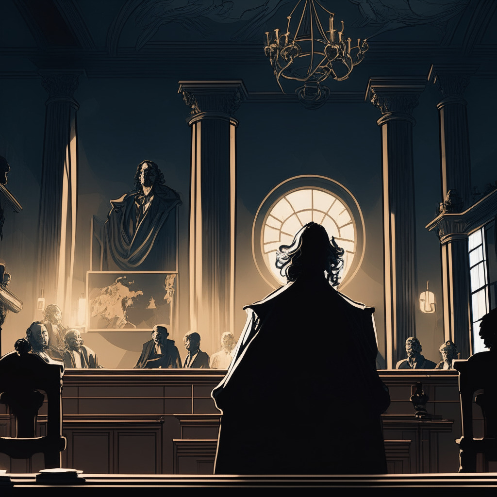 Baroque style courtroom scene during a late evening, A central figure, representing the crypto founder framed by the intense stark courtroom lighting. He bears a reflective, anxious expression. In the background, shadowy figures symbolizing the regulatory bodies. A complex mesh of blockchain artwork adorns the walls, hinting at the crypto theme, the light casting cryptic shadows, evoking a mood of intense scrutiny and uncertainty.