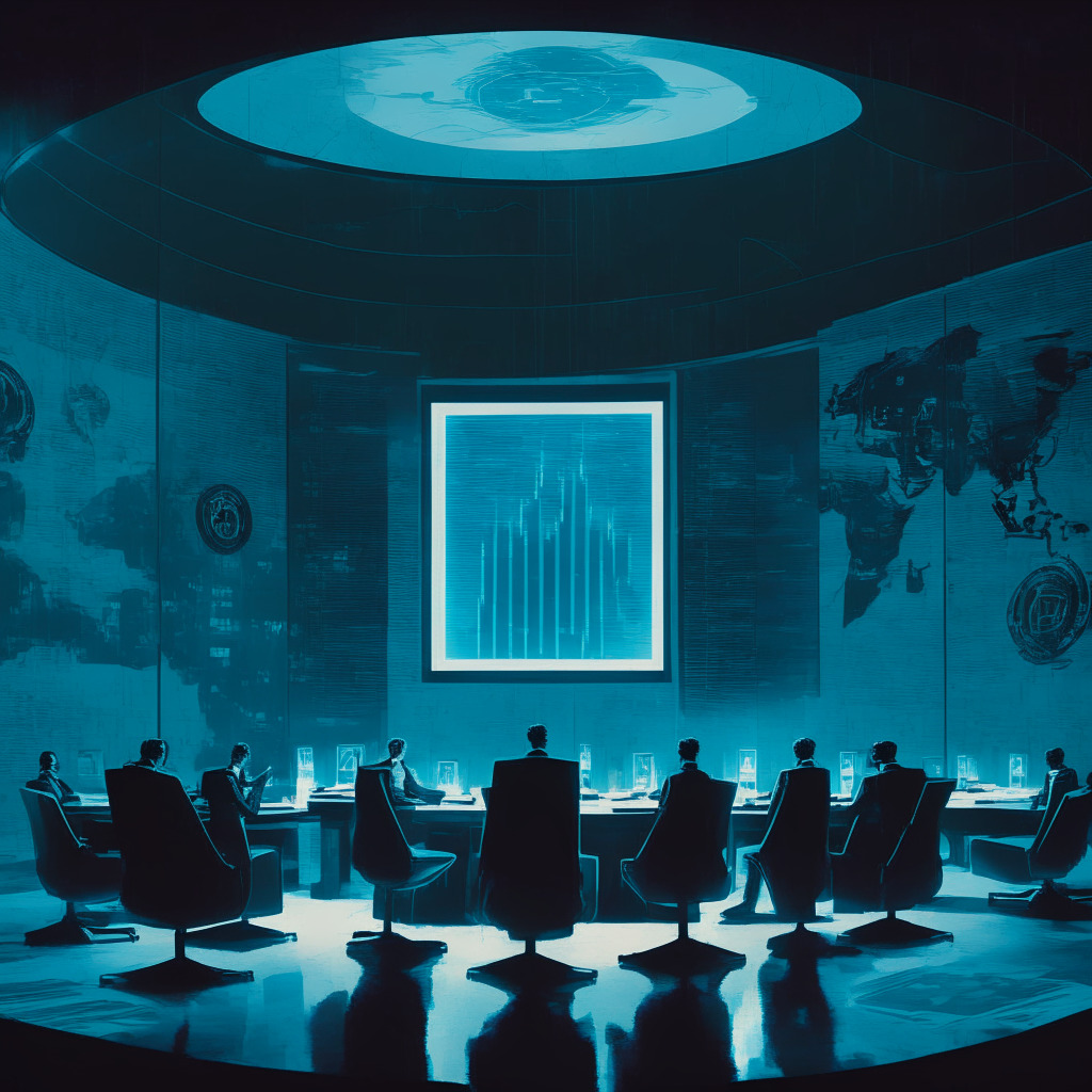 A dimly lit, somber boardroom scene, a roundtable flooded with cryptocurrency-related documents, paired with an air of uncertainty and anticipation. In the background, a blend of vintage and futuristic art representing cryptocurrency evolution. Towards the corner, a large screen displaying a fluctuating digital market chart, embodying market influence and ambiguity. Punctuating the image, hues of blue and grey to dictate the complex mood of potential financial settlements and growth strategies.
