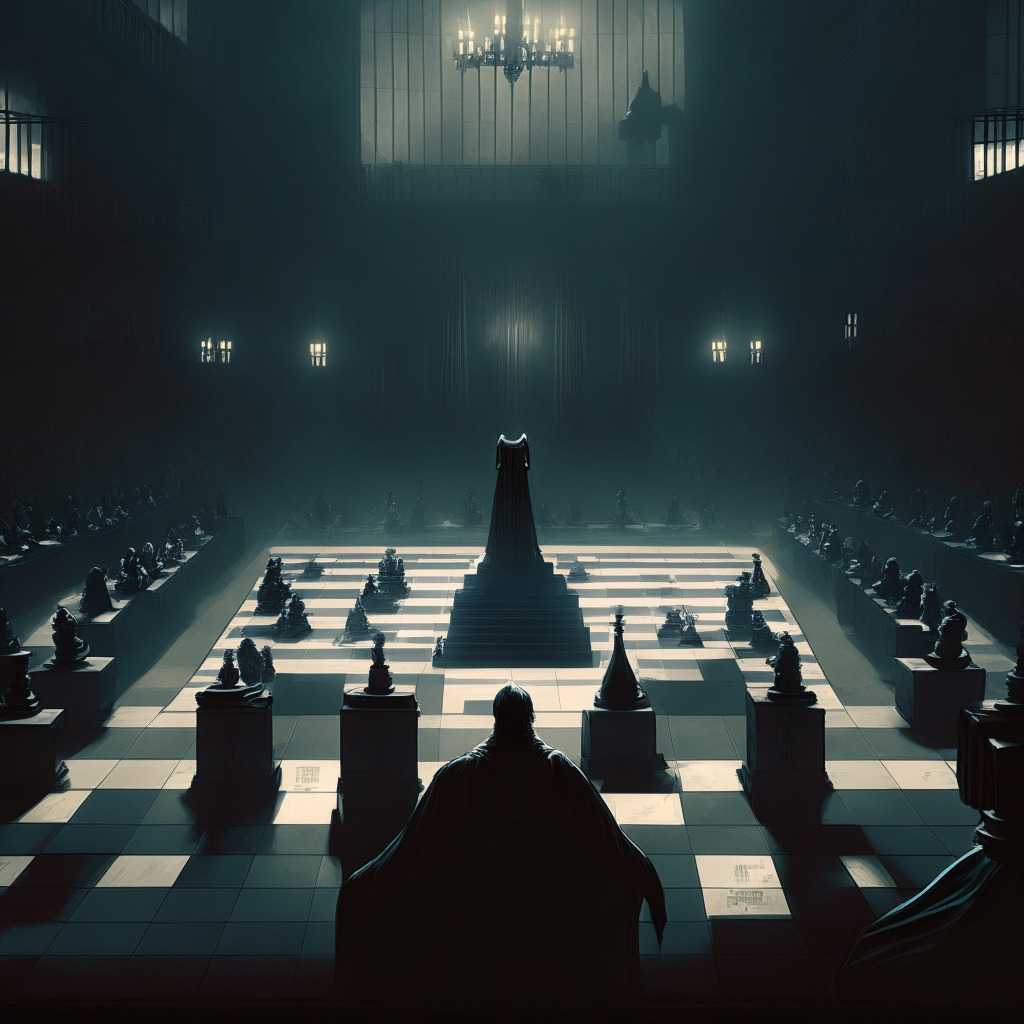 Depiction of a grand yet dimly lit courtroom, filled with tension and uncertainty. The atmosphere is heavy with anticipation: dramatic chess figures represent FTX and LayerZero in a high-stakes face-off, on a chessboard made of intrinsic crypto coin designs. In the background, a looming spectre of the law and justice scales hang over the scene, signifying the magnitude of the ongoing battle and the potential ripple effect on the crypto world. In an Expressionist style, highlighting the volatility and high stakes nature of the situation.