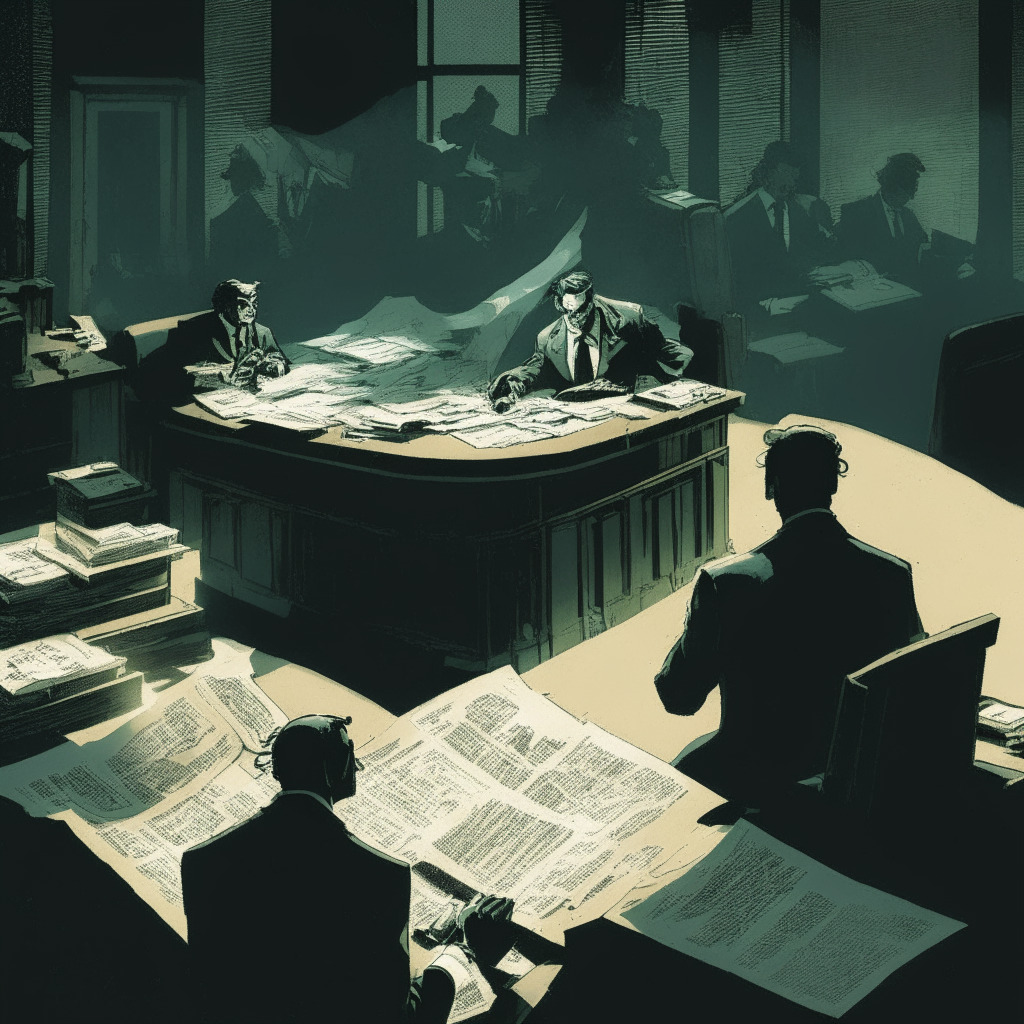 A scene representing FTX's decline from glory to bankruptcy proceedings, layers of legal documents swirling around, a dark, ominous courtroom sets the mood. In the center, a shadowy figure representing the former CEO making a suspicious transaction, a fading holograph of promising equity shares, and disregarding a massive loan. Tokens changing hands between mysterious entities, the air is thick with tension. The canvas is filled with shades of red and black, hinting at threat and financial loss. Striking contrast of bright silver spotlights symbolizing millions of dollars withdrawn, illustrating a dramatic financial struggle. An undercurrent of blockchain images hinting at the urgent need for transparency and regulation. Depicted in a impressionistic style, it conveys the chaotic, complicated nature of this legal and financial crisis.