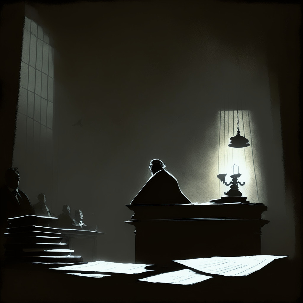 Dark and moody courtroom scene, a stern judge overlooking, lit by a single overhead beam of stark cold light. In the foreground, a figure resembling former CEO, with an expression of ambiguous guilt or innocence, holding a quill, a long scroll of paper unwritten, reflects a unrealized Twitter discourse. A shadowy figure, representing co-accused peers, lurks in the background, hinting at deep-seated conspiracy. In the corner, a stylized set of balancing scales, symbolic, albeit slightly tilted symbolizing uncertain trust. The scene draws inspiration from film noir aesthetics, embodying the suspense and apprehension in the impending verdict of the crypto world.