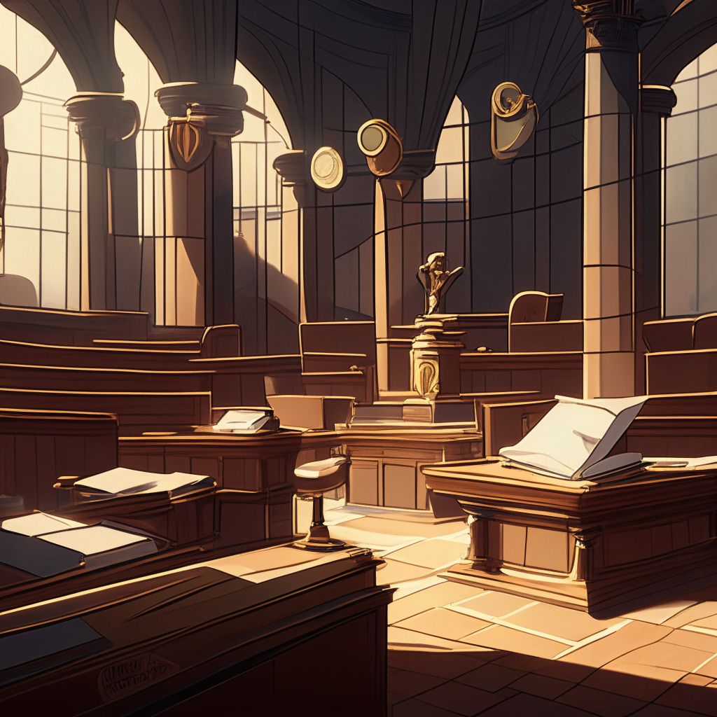 An opulent courtroom bathed in soft, afternoon light illuminating thick legal books, with a polished gavel resting on the judge's bench, adjacent to the ledger of a major cryptobank. Delicate balance between an open ledger and sealed envelopes representing transparency and hidden strategies. A blend of Renaissance and Cubism style subtly highlighting power and uncertainty in the background, establishing a slightly chilly, anticipatory mood.