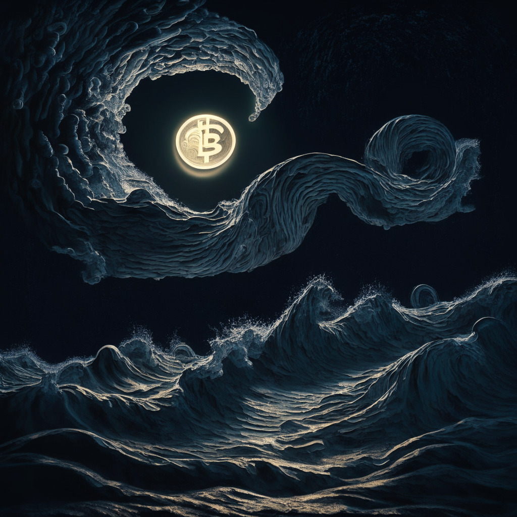 An abstract representation of the volatile crypto market, featuring undulating waves set against a moonlit sky, reflecting the chill of the uncertainty. Chiaroscuro lighting emphasizes the dramatic tension, capturing the moment the market takes a downward plunge. An element of Surrealism, with scattered coins that might resemble Bitcoin or Solana, but not precisely. A figure in the corner, small but stoic, represents cooler heads amidst chaos.
