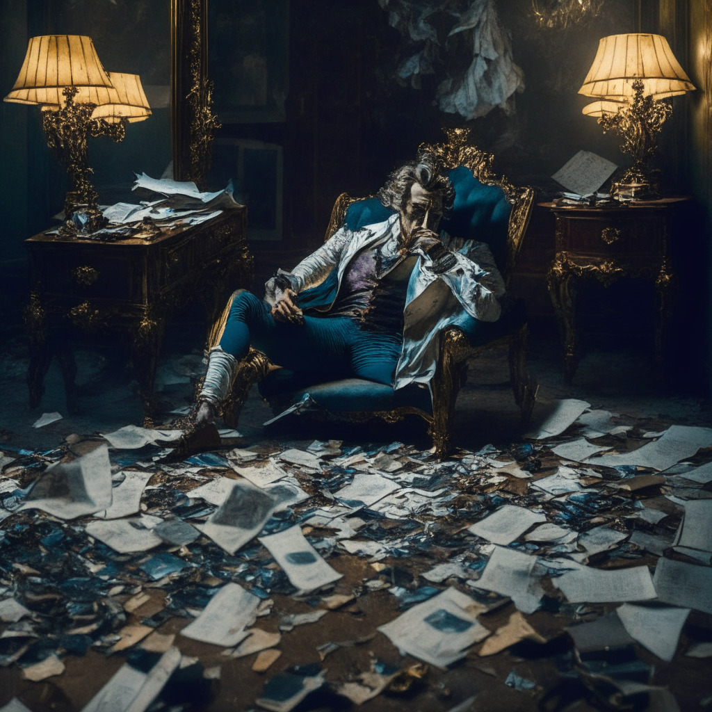 Dramatic scene in a dimly lit, luxurious study, A disheveled man, supposedly a fallen crypto mogul, tethered by an electronic ankle bracelet is surrounded by scattered papers hinting at a lost fortune. The somber mood is punctuated by the visage of regret reflected in a nearby antique mirror. This is all in a sardonically vibrant, decadent Rococo style art.