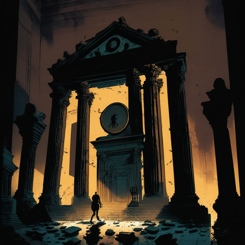 A courthouse engulfed in twilight shadows, wrought-iron doors creaking open to reveal a figure dwarfed by their enormity. Across the scene, a torn cryptocurrency coin, artistically depicting the rise and fall of wealth. The overall lighting dim and somber, a subdued color palette, casting an atmosphere of apprehension, financial despair and tarnished dreams.