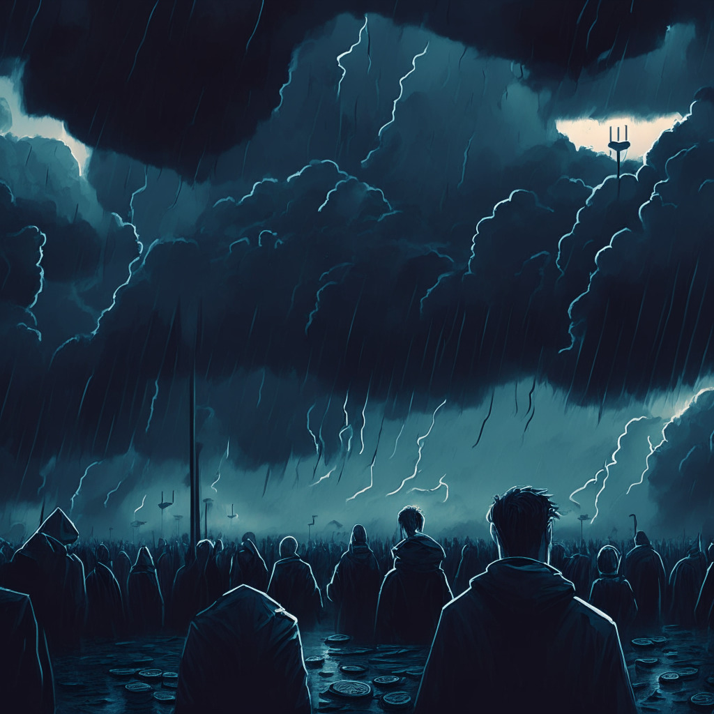A digital art illustration of a stormy cryptocurrency market scene, filled with Fear, Uncertainty, Doubt (FUD). The artwork style should be dramatic and emotionally stirring, with heavy, dark clouds looming on the overhead horizon symbolizing uncertainty, depicted at dusk creating an ambiance of suspense. The central piece, depicting various cryptocurrencies such as Ethereum, Bitcoin, Synthetix, should be painted manifesting a slight silver glow around them, representing hope for future price boosts amidst the overall gloomy scenery. The traders are visualized as shadowy figures venturing into the dark but with eyes lit up by fierce determination and high hopes to symbolize the willingness to secure profits. The overall mood should be exciting but intimidating, designed to reflect the unique dynamics of cryptocurrency trading amid FUD sentiments.