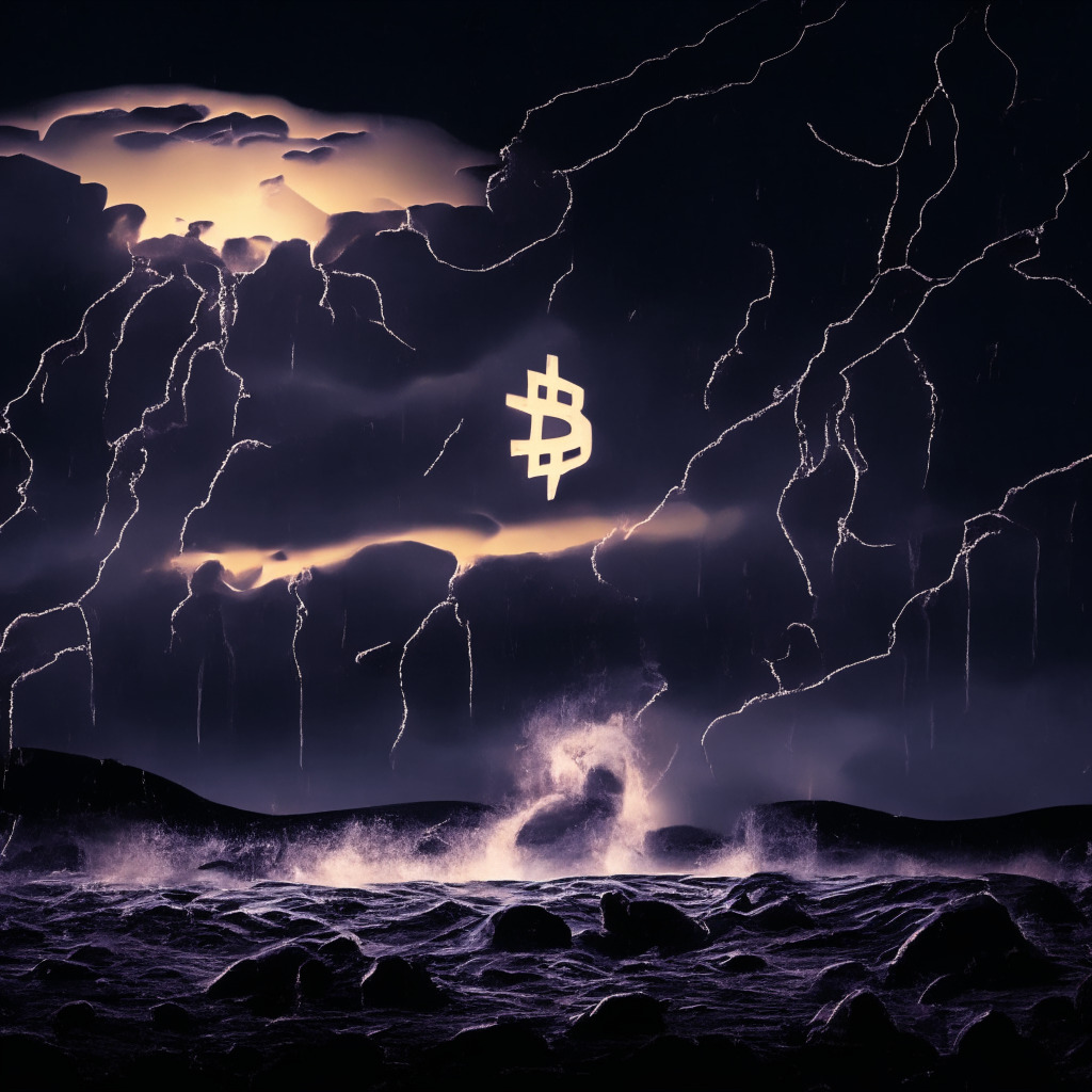 A stormy digital landscape at twilight to symbolize turbulence, representing the $10 million crypto transfer, shockwaves present in the distance. Faint silhouette of an Ethereum wallet in mid-ground, Solana network symbol subtly lit. Mood perplexed, tense, filled with anticipation, indicating FTX's precarious situation, possible major token dump. Looming large in the background, a phoenix-like figure symbolizing potential FTX exchange revival. Color scheme: dark blues, grays, with vibrant red accents for visual emphasis.