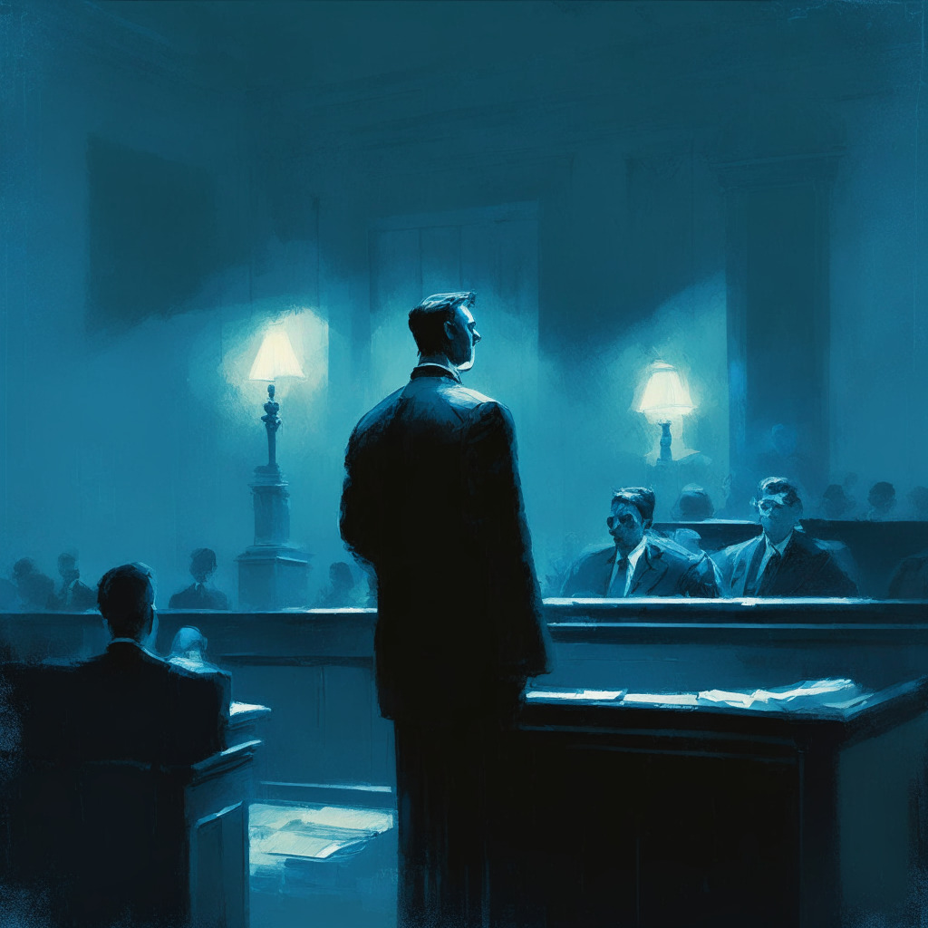 A midnight courtroom bathed in soft blue light, a worried CEO standing firm, defending his case against a looming shadowy federal commission. The image is painted in an Impressionist style, hinting at the blurry lines of regulations in the crypto world. Mood: tense and defiant.