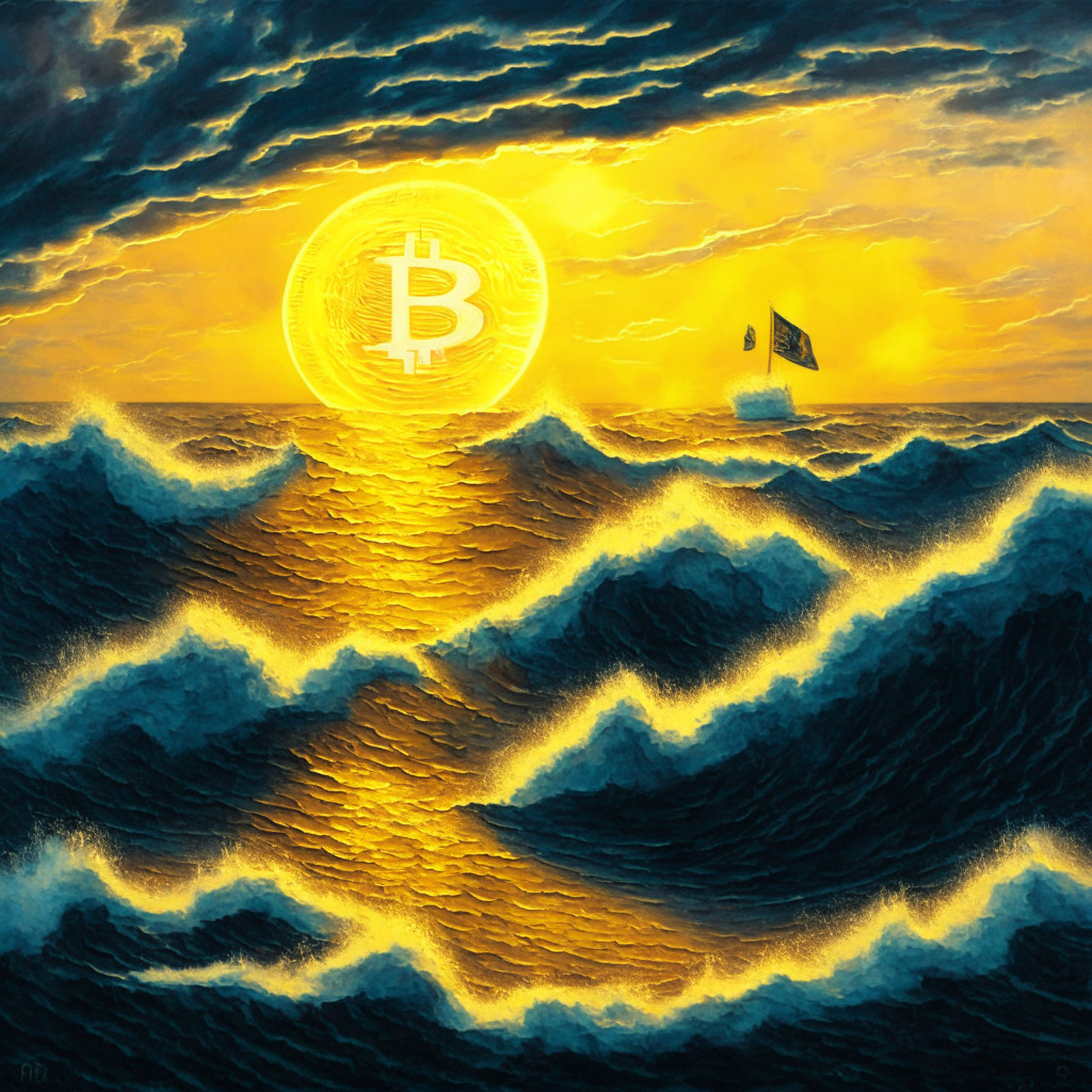 A painting styled image of a stormy sea representing the unstable financial state of the Federal Reserve, with waves of $100 billion in potential loss. The horizon displays the yellow glow of an emerging Bitcoin sun, symbolizing the rise of cryptocurrencies. In the foreground, an uncertain path signifies the volatile landscape of cryptocurrencies, illuminated under a soft, evening light for a sombre mood. No brands or logos.