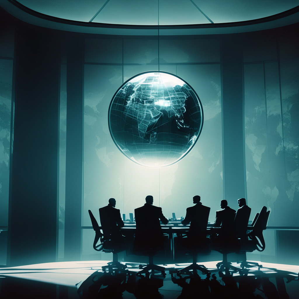 A tense standoff in a hazy boardroom with a holographic globe representing the crypto world, ethereal light filtering through blind-drawn windows, strong geometric shapes, chiaroscuro effect, conveying regulatory complexity. Figures, symbolizing Terraform Labs' leaders shadowed, as they threaten to walk out, distorting the room's tranquility with ominous hues, symbolizing an extrajudicial crisis, marked by opposing forces of jurisdictional boundaries.